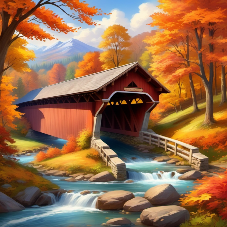 covered bridge with autumn trees