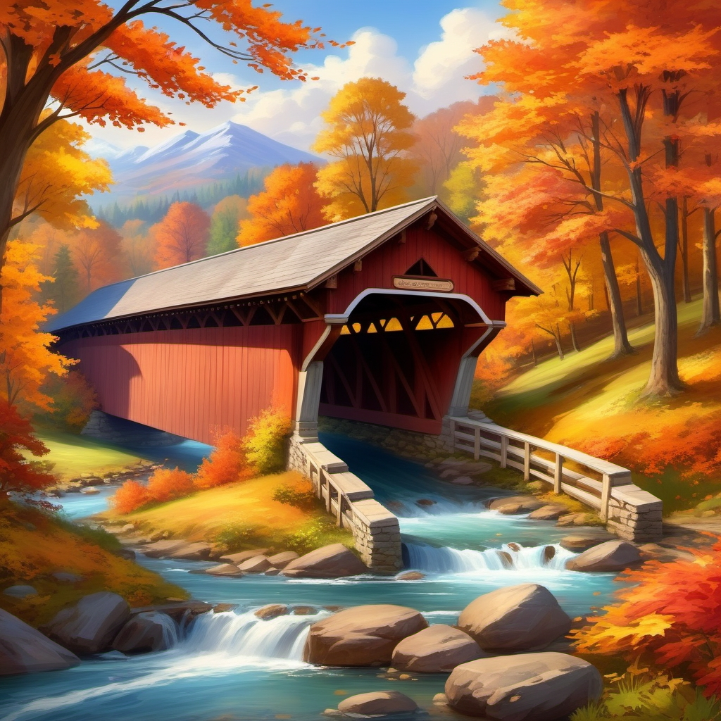 covered bridge with autumn trees