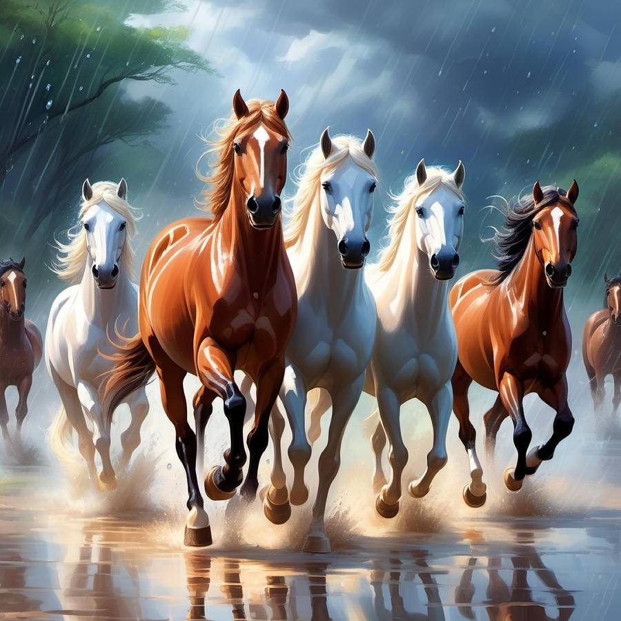 wild stallion horses galloping in the rain