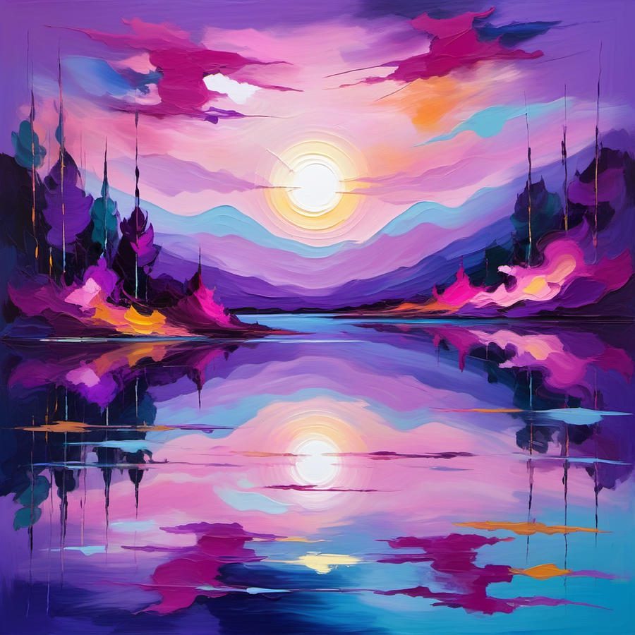 watercolor abstract mountain and lake landscape