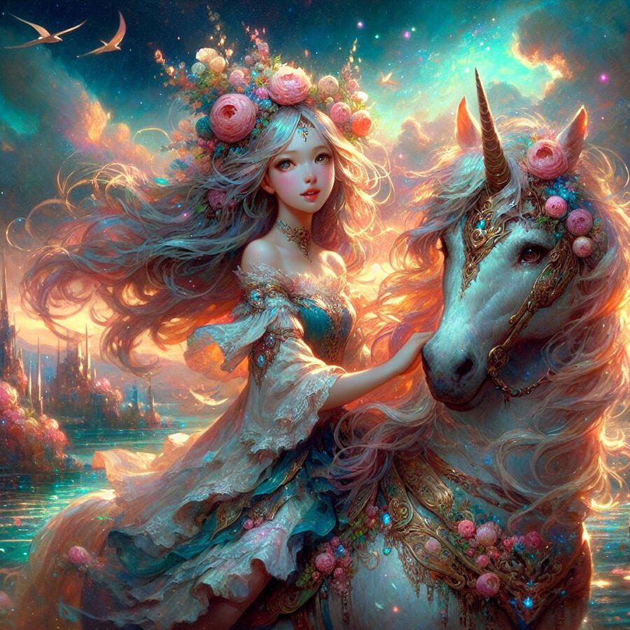 fantasy art of girl riding a unicorn