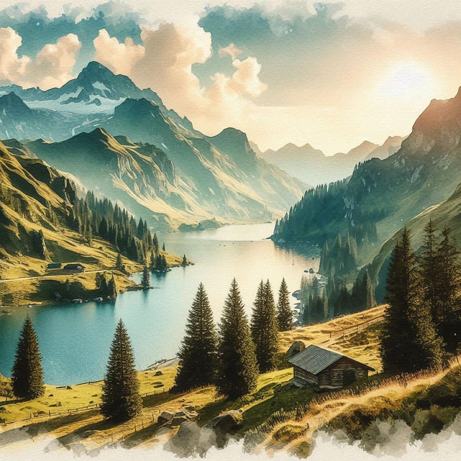 mountain cabin lake landscape