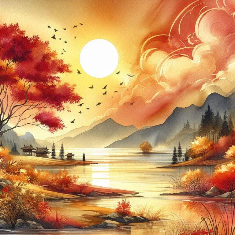 watercolor mountain and lake landscape