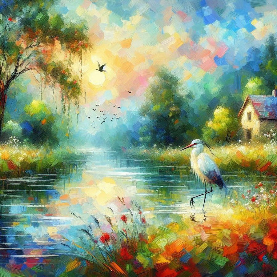 impressionism art heron by pond